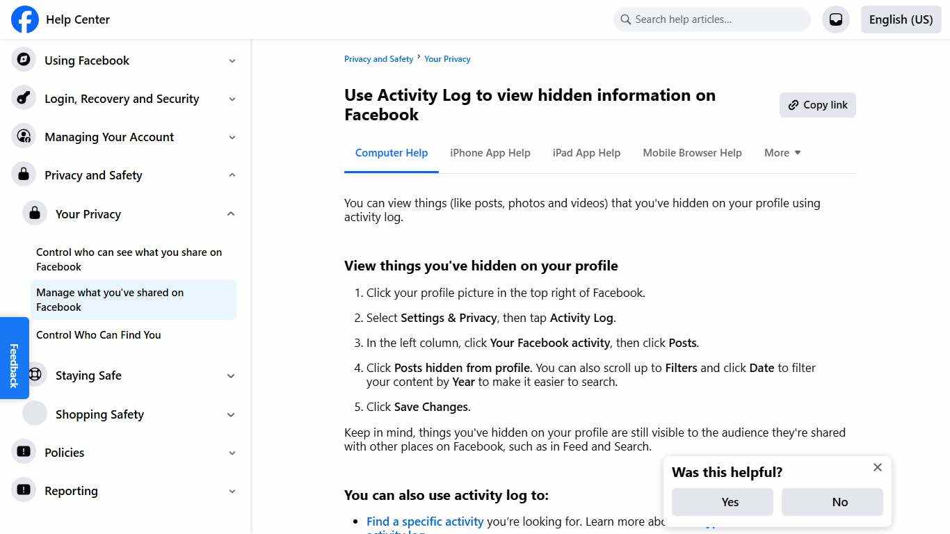 Use Activity Log to view hidden information on Facebook Facebook Help Center