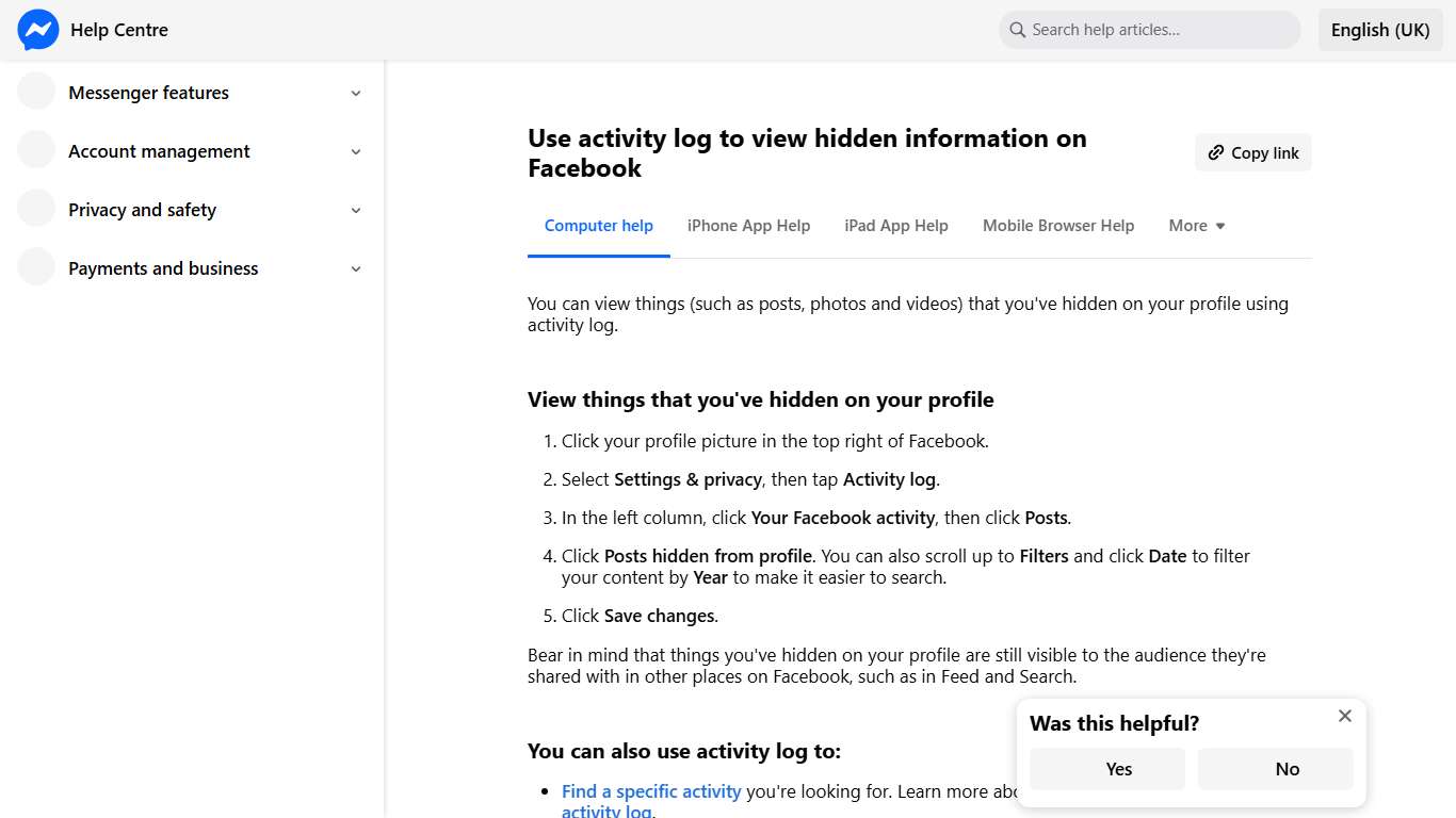 Use activity log to view hidden information on Facebook Messenger Help Centre